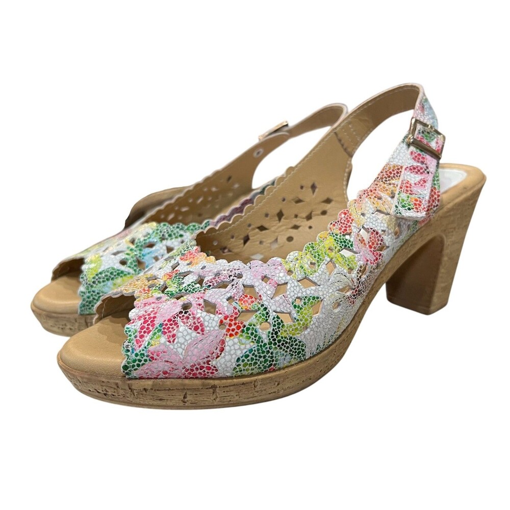 Spring Step Lovelyness Laser Cut Floral Leather Slingback Sandals Heels  US 7